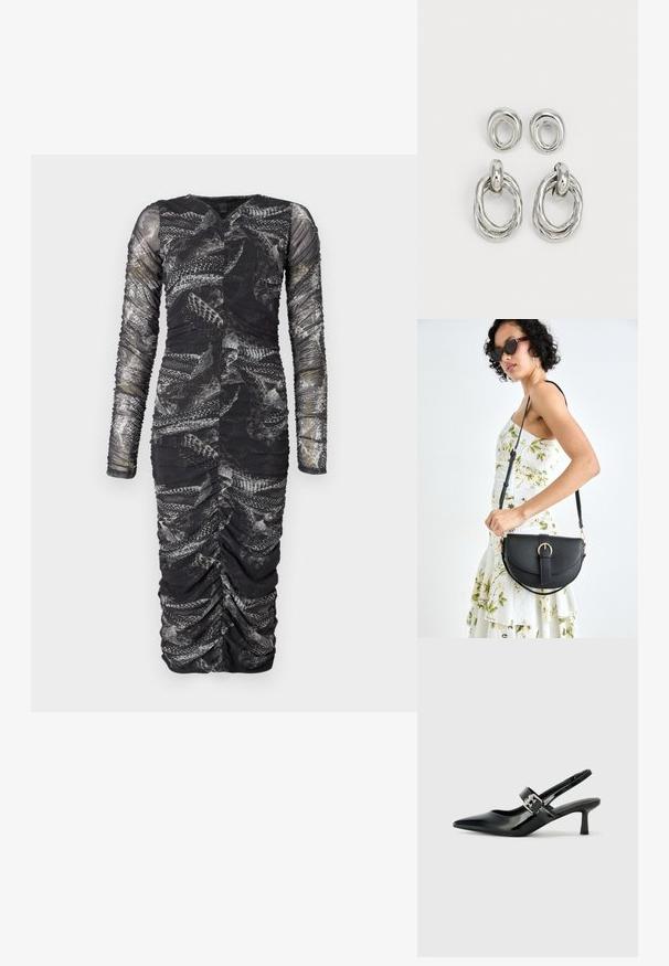 Černé šaty s dlouhým rukávem, zakončené řasením, s texturovaným vzorem připomínajícím šupiny, hlubokým výstřihem do V a štíhlým střihem.; Černé lakované boty na podpatku typu slingback s špičatou špičkou a malým blokovým podpatkem, které mají na pásku stříbrný přezkový akcent.; Černá kožená kabelka s křivkovým tvarem, odnímatelným popruhem a zlatými detaily. Kabelka má klopu s přezkou.; Náušnice ve stříbrném tónu vyrobené z kovu, které nabízejí dva designy: zkroucený kruhový kroužek a hladký kruhový kolík. Reflexní povrch zvyšuje eleganci.