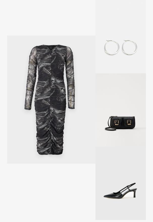 Long-sleeved, black ruched dress featuring a textured pattern resembling scales, with a deep V-neckline and a slim fit silhouette.; Black patent slingback heel with a pointed toe, featuring textured snake print, adjustable strap, and a short, textured block heel.; Black leather crossbody bag with two front pockets, gold buckles, zipper closure, and a slim strap. Textured surface and compact rectangular shape.; Silver hoop earrings feature a smooth, rounded design with a thin profile and secure clasp. Minimalistic style with a polished finish.