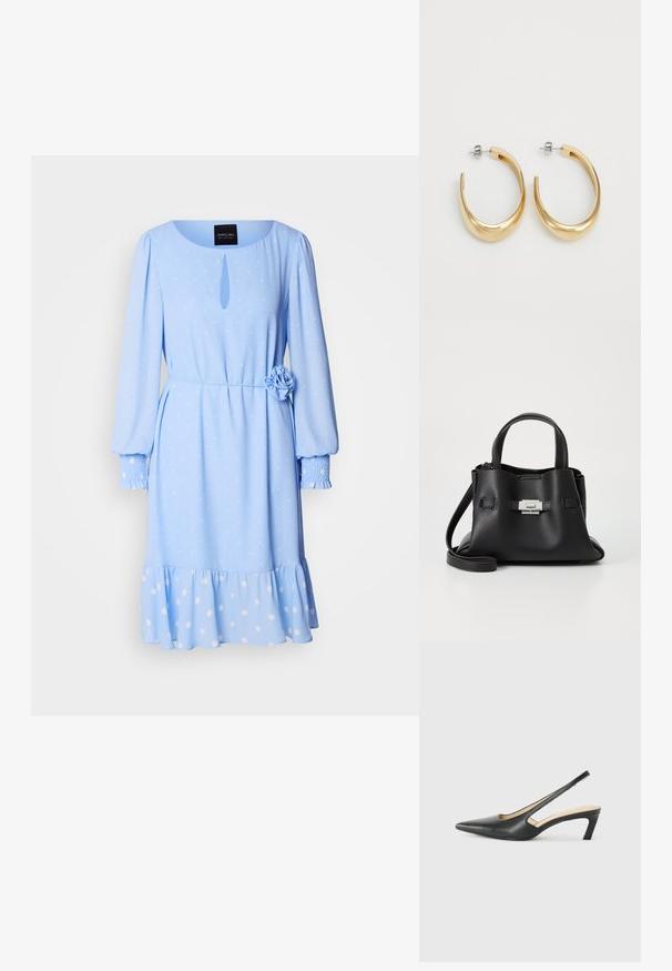 Light blue dress with a round neckline, long sleeves, polka dot pattern, a keyhole detail at the front, and a flower accent at the waist.; Black pointy-toed slingback shoe with a low heel, featuring smooth leather material and cut-out design on the side for breathability.; Black leather handbag with a textured finish, featuring two top handles, a detachable shoulder strap, and a silver clasp detail.; Gold-colored hoop earrings with a smooth, curved design. Made of metal, featuring a sleek finish and post-back closure.