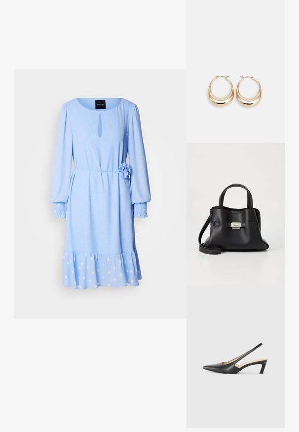 Robes bleu clair avec un col rond, des manches longues, un motif à pois, un détail en forme de trou à l'avant et une accent fleur au niveau de la taille.; Slingback noir à bout pointu avec un petit talon, en cuir lisse et doté d'un design découpé sur le côté pour plus de respirabilité.; Sac à main en cuir noir avec une finition texturée, doté de deux poignées supérieures, d'une bandoulière amovible et d'un détail de fermoir en argent.; Boucles d'oreilles créoles dorées en forme de croissant, avec une surface polie et un fermoir à charnière. La texture lisse et la finition réfléchissante améliorent la visibilité.
