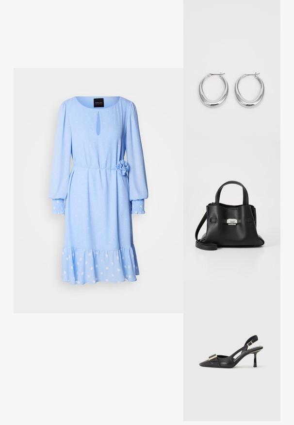 Robes bleu clair avec un col rond, des manches longues, un motif à pois, un détail en forme de trou à l'avant et une accent fleur au niveau de la taille.; Chaussure slingback en cuir noir avec un bout pointu, un talon fin et un accent en métal doré sur le devant. Texture lisse et design structuré.; Sac à main en cuir noir avec une finition texturée, doté de deux poignées supérieures, d'une bandoulière amovible et d'un détail de fermoir en argent.; Une paire de boucles d'oreilles en croissant en argent poli avec des fermoirs à charnière sur un fond blanc.