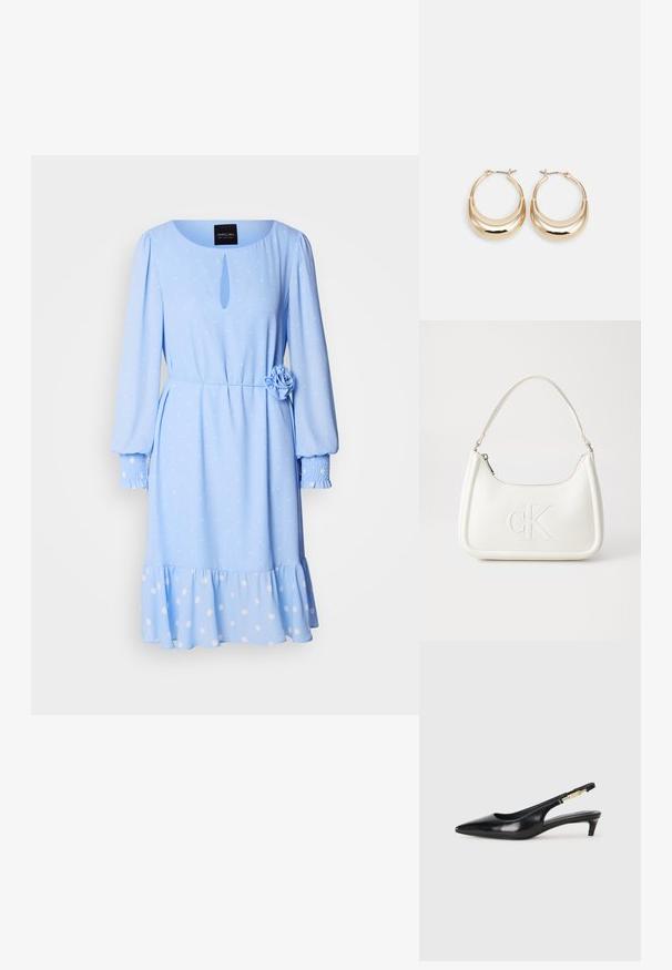 Robes bleu clair avec un col rond, des manches longues, un motif à pois, un détail en forme de trou à l'avant et une accent fleur au niveau de la taille.; Talons hauts en cuir noir avec un bout pointu, dotés d'un talon fin et d'un accent en ton or sur la lanière réglable. Texture lisse.; Sac à main en cuir blanc avec une forme courbée, arborant un logo "CK" embossé à l'avant et une seule bandoulière. Fermeture à glissière en haut.; Boucles d'oreilles créoles dorées en forme de croissant, avec une surface polie et un fermoir à charnière. La texture lisse et la finition réfléchissante améliorent la visibilité.