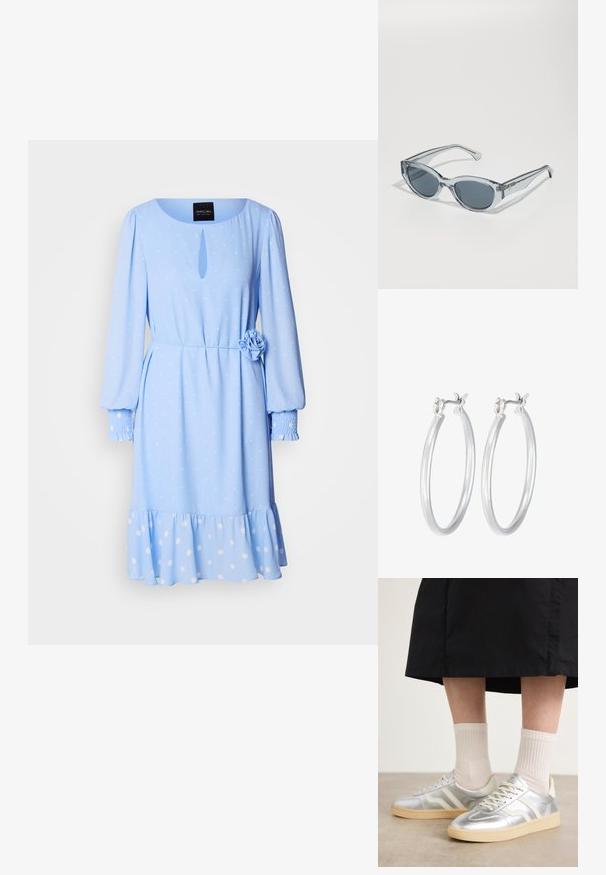 Helles blaues Kleid mit rundem Ausschnitt, langen Ärmeln, Polka-Dot-Muster, einem Schlüssellochdetail an der Vorderseite und einer Blumenakzent an der Taille.; Silberne synthetische Turnschuhe mit weißen Streifen, cremefarbener Sohle und strukturiertem Material; kombiniert mit hellen gerippten Socken und einem schwarzen Rock.; Klare, leichte Sonnenbrillen mit ovalen Gläsern, grauen getönten Gläsern und schlanken Bügeln mit einem metallischen Detail an den Schläfen.; Silberne Creolen mit einer glatten, polierten Oberfläche. Runder Form und sicherem Klickverschluss. Leichtes Design, geeignet für den täglichen Gebrauch.