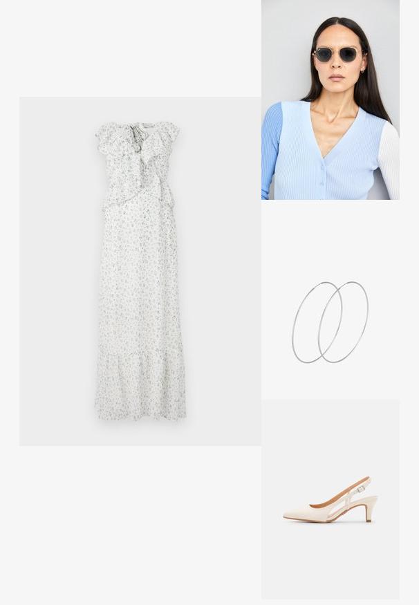 Lillelille õieprindiga maksikleidi valge alus, kus on sinised ja rohelised print. Omab volangvarrukasid, kogutud taljet ja kihilisi ääri. Kerge kangas.; Valge slingback konts, terava ninaga, siledast ülemisest materjalist, madala ploki kontsaga ja külgse nähtavusega ning reguleeritava pandla rihmaga.; Ringikujulised prillid tumedate läätsede ja kullast raamiga. Mudel on selga pannud helesinise soonikuga kardigani, millel on nupud ja kontrastsed valged varrukad.; Hõbedased rõngastikkaehingad minimalistlikus disainis. Ümar kuju, sile tekstuur ja õhuke profiil. Kerged ning poleeritud viimistlusega.