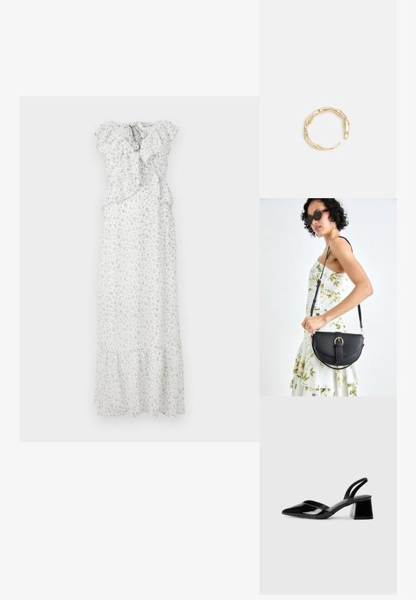 Floral maxi dress in white with blue and green prints. Features ruffled sleeves, a gathered waist, and a tiered hemline. Lightweight fabric.; Black patent leather slingback heels with a pointed toe and a geometric block heel. Features a sleek, minimal design and smooth texture.; Black leather handbag with a curved shape, detachable strap, and gold hardware. The bag features a flap with a buckle detail.; Gold-tone ring featuring an organic, twisted design with smooth texture and tapered ends, creating a modern, sculptural appearance.