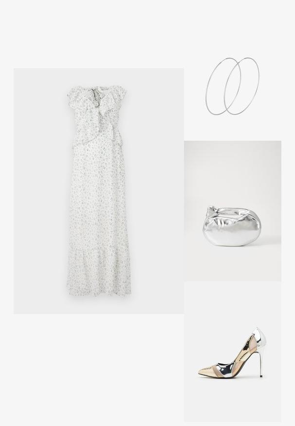Baltos spalvos gėlėta maksi suknelė su mėlynos ir žalios spalvų raštais. Savybės: volanai ant rankovių, susiraukšlėjusi liemenėlė ir sluoksniuota apatinė dalis. Lengvas audinys.; Aštrus pirštas aukštakulnis batelis su sidabro, aukso ir nuogų spalvų deriniu. Blizgus paviršius su išpjovos dizainu, su stiletto kulnu.; Sidabrinė metalinė maišelio forma su švelnia, apvalia forma ir mazgu užveriamu viršumi. Pagaminta iš lygios dirbtinės odos medžiagos.; Sidabrinės pusmėnulio auskarai minimalistiniu dizainu. Apskritimo forma, lygus paviršius ir plonas profilis. Lengvi su poliruotu apdailu.