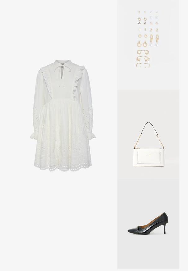 Hvit bomulls kjole med høy hals, volangkant og knyttedetalj i halsen. Har lange ermer og broderte øyelet-mønstre i kanten.; Sorte patent lær høyhælte sko med spiss tå, dekorativ stroppdetalj foran og tynn stiletthel.; Hvit lærveske med teksturert overflate, utstyrt med gullkjede for å bære over skulderen og svarte detaljer. Inkluderer en frontlomme og glidelås.; Sett med gullfargede øredobber med ulike design, inkludert stikkere, hoops og hengende deler med perler og rhinestones.