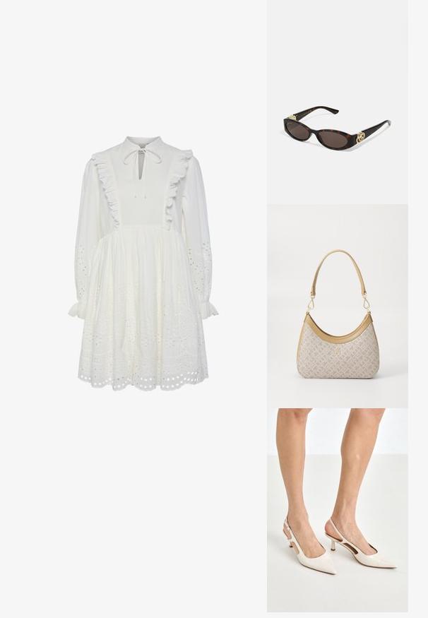 Vestito bianco in cotone con collo alto, rifiniture arricciate e dettaglio del collo annodato. Presenta maniche lunghe e motivi ad occhiello ricamati all'orlo.; Tacchi slingback in pelle lucida beige con punta affusolata e tacco di 5 cm, caratterizzati da lati traforati e una sottile fascia alla caviglia.; Occhiali da sole tartarugati con lenti ovali allungate, tonalità marrone, accenti dorati con logo sulle tempie e aste nere eleganti.; Borsa a tracolla beige con un motivo stampato, forma curvata, dettagli in pelle e un logo dorato sul davanti. Presenta una maniglia corta per un facile trasporto.