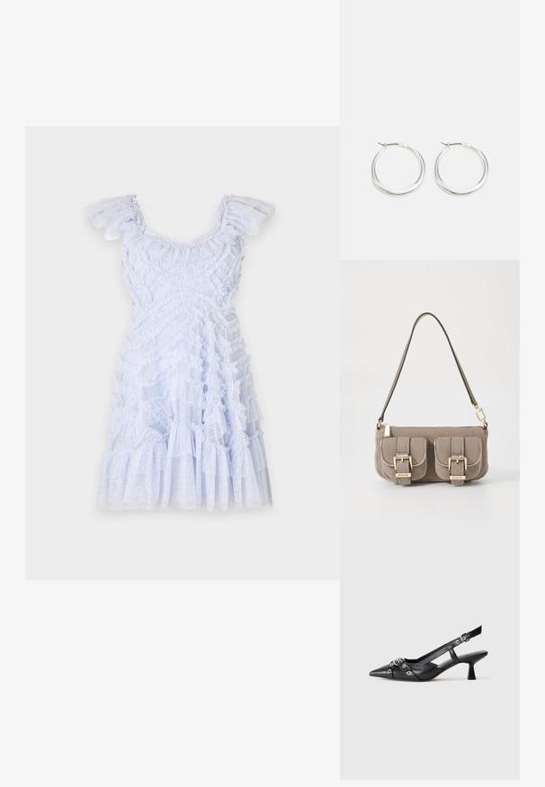 Světle modré šaty s volánkovými ramínky, strukturovanou tkaninou, vrstveným designem a akcenty v podobě puntíků. Rozšířený lem s volánky po celém obvodu.; Černé kožené slingback boty s špičatou špičkou, dekorativními pásky s kovovými očky a nízkým blokovým podpatkem. Texturovaný povrch.; Béžová texturovaná kabelka s nastavitelným popruhem, dvěma předními kapsami uzamčenými sponami a zlatými akcenty. Uzavření na zip nahoře.; Stříbrné kroužkové náušnice mají hladký, zaoblený design s tenkým profilem a bezpečným zapínáním. Minimalistický styl s lesklým povrchem.