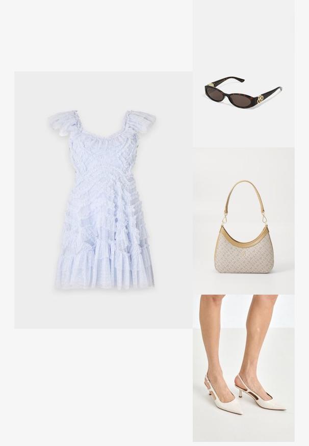 Abito azzurro chiaro con spalline arricciate, tessuto texturizzato, design a strati e dettagli a pois. Orlo svasato con merletti su tutta la lunghezza.; Tacchi slingback in pelle lucida beige con punta affusolata e tacco di 5 cm, caratterizzati da lati traforati e una sottile fascia alla caviglia.; Occhiali da sole tartarugati con lenti ovali allungate, tonalità marrone, accenti dorati con logo sulle tempie e aste nere eleganti.; Borsa a tracolla beige con un motivo stampato, forma curvata, dettagli in pelle e un logo dorato sul davanti. Presenta una maniglia corta per un facile trasporto.; Collana di perle e cristalli con un design rotondo a perline in tonalità tenui, caratterizzata da perle alternate e accenti scintillanti, indossata attorno al collo.