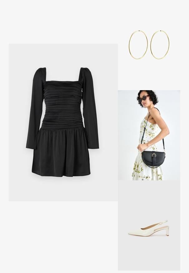 Čierne šaty s dlhými rukávmi, štvorcovým výstrihom a nariaseným telom. Sukňa s rozšíreným strihom a nariasenou látkou v páse. Hladká textúra.; Biele lakované lodičky na podpätku so špicatou špičkou a nízkym blokovým opätkom. Obsahujú jemný remienok s detailom zlatého tónu.; Čierna kožená kabelka s zaobleným tvarom, odnímateľným popruhom a zlatými doplnkami. Kabelka má klopu s detailom s prackou.; Zlaté kruhové náušnice s hladkým, zaobleným dizajnom. Tenké a ľahké, s nepřerušeným okruhom bez akýchkoľvek ozdôb.