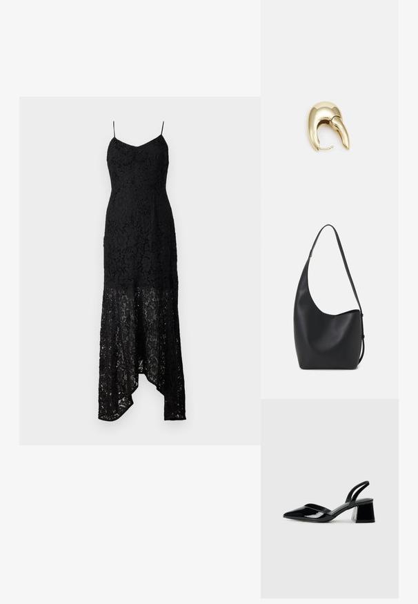 Fekete csipkés ruha, testhez simuló felsőrésszel, vékony pántokkal és magas-alacsony szegéllyel. Bonyolult csipkemintákkal és áttetsző anyaggal az alján.; Fekete lakk bőr szandálkés magas sarkú cipő, hegyes orral és geometrikus tömbsarkakkal. Karcsú, minimalista dizájn és sima textúra jellemzi.; Fekete bőr hobo táska sima textúrával, ívelt formával és egyetlen állítható pánttal; széles nyílás található a tetején.; Aranyszínű fém fülbevaló, elegáns, ívelt formával. Különleges hegyes alak, fényes felszín és zsanéros záródás jellemzi.