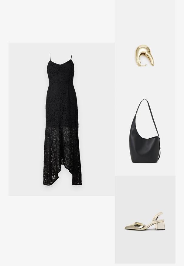 Čierne krajkové šaty s priliehavým živôtikom, tenkými ramienkami a asymetrickým spodným lemom. Obsahujú zložitý krajkový vzor a priesvitnú látku na spodnej časti.; Zlaté kovové lodičky na podpätku so špicatou špičkou a robustným podpätkom. Hladký povrch, minimalistický dizajn a úzka remienok.; Čierna kožená hobo taška so hladkou textúrou, zakriveným tvarom a jedným nastaviteľným popruhom; má široké otvorenie na vrchu.; Náušnice z kovu v zlatej farbe s elegantným, zakriveným dizajnom. Majú charakteristický špicatý tvar, leštený povrch a uzáver na pánt.