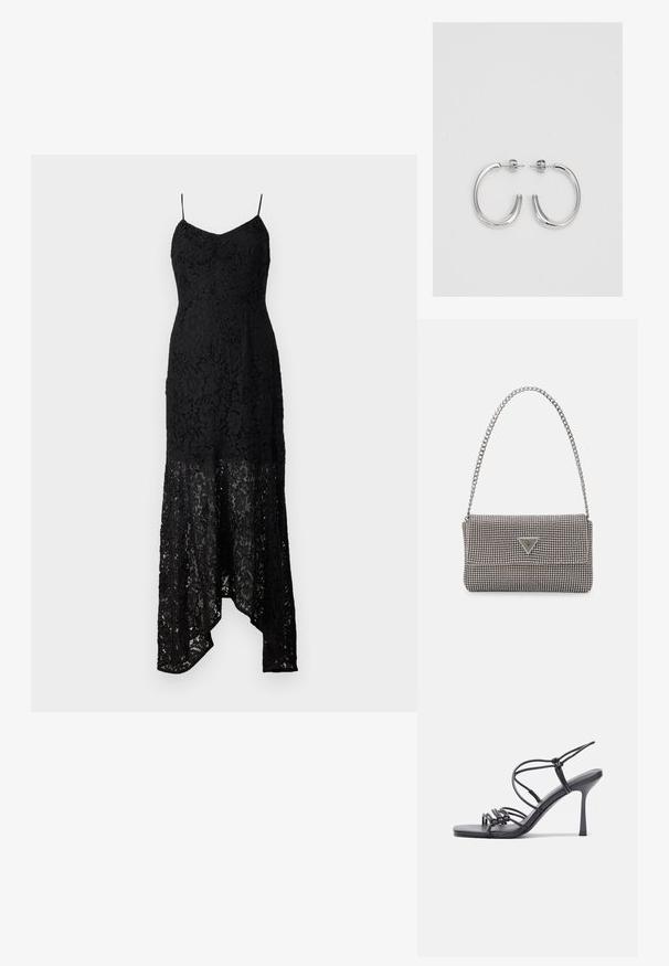 Čierne krajkové šaty s priliehavým živôtikom, tenkými ramienkami a asymetrickým spodným lemom. Obsahujú zložitý krajkový vzor a priesvitnú látku na spodnej časti.; Čierne sandále na vysokom podpätku majú tenké remienky s uzlovým dizajnom, hladký štvorcový špičku a elegantný stiletto podpätok.; Svetlošedá metalická kabelka s reťazovým popruhom, ozdobená malými kruhovými kovovými štítkami a trojuholníkovým logom značky.; Strieborné kruhové náušnice s hladkým, lesklým povrchom, majú zakrivený tvar a zapínanie na puzetu. Minimalistický dizajn s moderným vzhľadom.