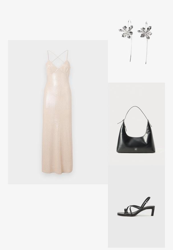 Ilgis iki žemės suknelė su prigludusia siluetu, šviesiai smėlio spalvos, kryžminėmis petnešomis ir blizgančiu sekinu raštu visame audinyje.; Juodi šlepetės su kvadratiniu pirštu ir žemu bloku kulnu. Yra keli ploni dirželiai ir reguliuojamas kulkšnies diržas. Pagaminti iš lygios odos.; Juodas lygus odinis petinis maišas su kreiviu viršumi, viena petneša, užtrauktuko užsegimas ir mažas sidabrinis logotipas centre priekyje.; Sidabrinės gėlių formos auskarai su tekstūruotu paviršiumi, turintys ilgas kabliuko formas ir žiedlapiams panašius detalizavimo elementus, sudarantys sudėtingą dizainą.