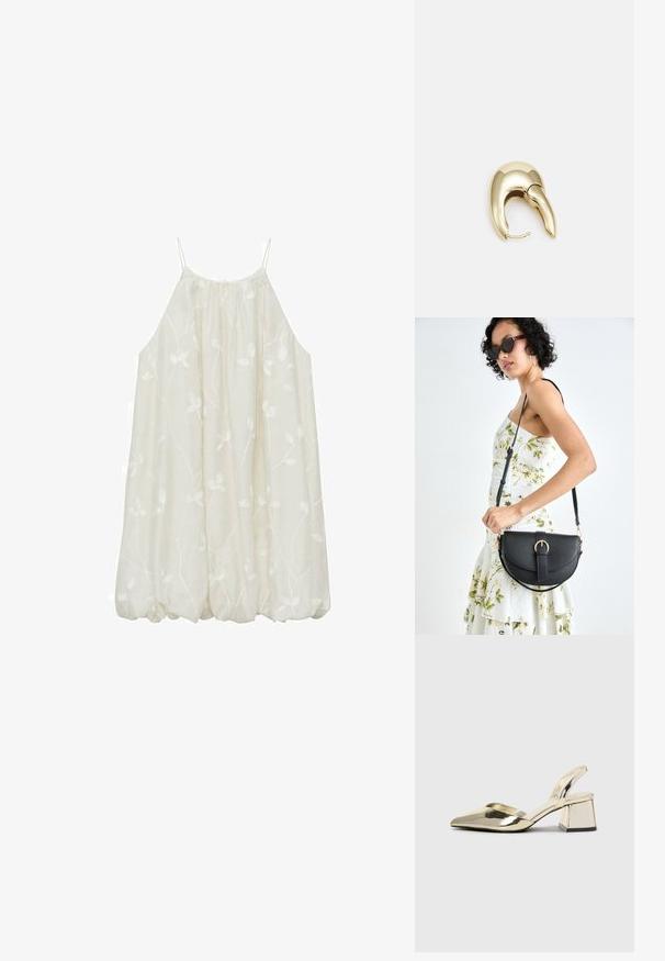 Bezramenné, volně střižené smetanové šaty s vyšívaným květinovým vzorem. Lehká tkanina, kulatý výstřih a elastický lem pro nahrnutý vzhled.; Kovové zlaté pantofle na podpatku s špičatou špičkou a masivním podpatkem. Hladký povrch, minimalisticý design a úzký pásek.; Černá kožená kabelka s křivkovým tvarem, odnímatelným popruhem a zlatými detaily. Kabelka má klopu s přezkou.; Náušnice ve zlatém tónu z kovu s elegantním zakřiveným designem. Vyznačují se jedinečným špičatým tvarem, lesklým povrchem a závěsem na kloub.