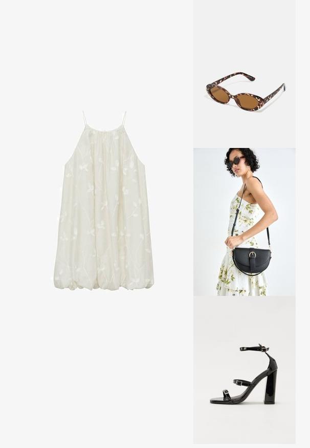 Hihaton, löysästi istuva kerma väri mekko, jossa on broderad kukkakuosi. Kevyt kangas, pyöreä kaula-aukko ja elastinen helma, joka luo kerrostuneen ilmeen.; Musta kiiltävä korkokenkä sandaalit neliönmuotoisella varpaalla, nilkkaremmillä ja hopeisilla soljilla. Varustettu tukevalla lohkokorkealla vakauden takaamiseksi.; Kameleontin kuorilla varustetut aurinkolasit, joissa on ovaalit linssit, ruskeat sävyt, ohuet, tekstuurilla varustetut varsiosat ja kevyet muovikehykset.; Musta nahkainen käsilaukku, joka on kaareva muotoilultaan, irrotettavalla hihnalla ja kultaisilla yksityiskohdilla. Laukussa on läppä, jossa on solk yksityiskohta.