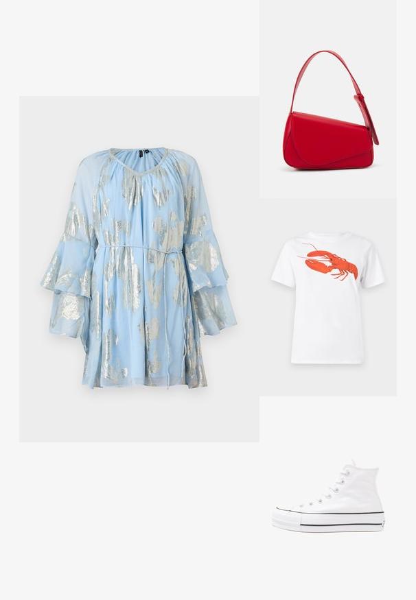 Ανοιχτό μπλε φόρεμα με λαμπερά ασημένια φύλλα, μακριές φαρδιές μανίκες και ραντάκι στο λαιμό. Φτιαγμένο από ελαφρύ, διαφανές ύφασμα.; Λευκό βαμβακερό μπλουζάκι με μεγάλο, φωτεινό κόκκινο γραφικό αστακού στο μπροστινό μέρος. Κοντά μανίκια και τυπικός σχεδιασμός λαιμού.; Λευκό ψηλό καμβαδάκι αθλητικό παπούτσι με μαύρη καουτσούκ σόλα, πρόσθιο καουτσούκ καλύμματος δακτύλου και έξι οπές για κορδόνια, με μια καθαρή και μίνιμαλ σχεδίαση.; Κόκκινη δερμάτινη τσάντα χειρός με γωνιακό, γεωμετρικό σχέδιο. Διαθέτει έναν ρυθμιζόμενο ιμάντα και κλείσιμο με καπάκι που έχει ραφές.