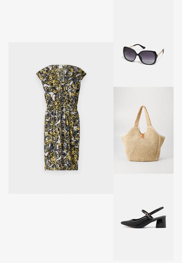 Kwiatowa sukienka na czarnym tle, z żółtymi i jasnoniebieskimi wzorami, krótki rękaw oraz elastyczny pas dla lepszego dopasowania.; Czarne lakierowane czółenka na słupku ze spiczastym noskiem, lekko zaokrąglonym wycięciem i obcasem w kształcie bloku. Posiadają złotą klamrę jako akcent dekoracyjny.; Czarne oversize okulary przeciwsłoneczne z gradientowymi soczewkami, grubymi oprawkami i złotym łańcuszkiem na ramionach.; Duża torba plażowa z teksturowanym, beżowym wykończeniem i dwiema szerokimi rączkami. Posiada skórzany pasek akcentujący do zamykania.