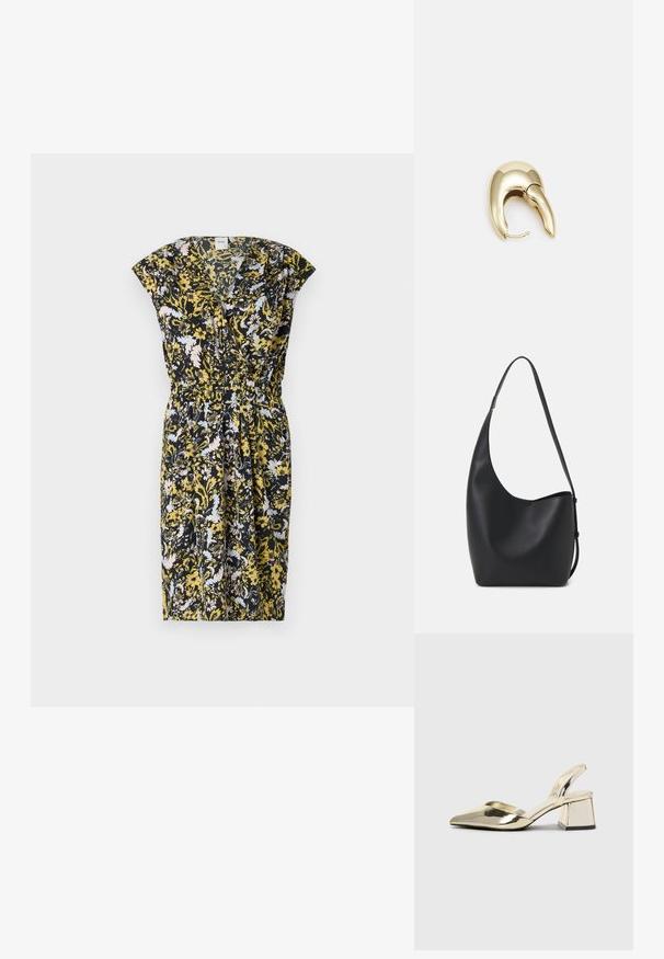 Cvjetna haljina s crnom pozadinom, s uzorcima u žutim i svijetloplavim tonovima, kratkim rukavima i elastičnim pojasom za oblikovanje.; Zlatni metalik slingback sandali s šiljatim vrhom i debelim potpeticama. Glatka tekstura, minimalistički dizajn i uski remen.; Crna kožna hobo torba s glatkom teksturom, zakrivljenim oblikom i jednom podesivom trakicom; ima širok otvor na vrhu.; Zlatne metalne naušnice s elegantnim, zakrivljenim dizajnom. Imaju karakterističan šiljast oblik, poliranu površinu i zatvaranje na šarku.