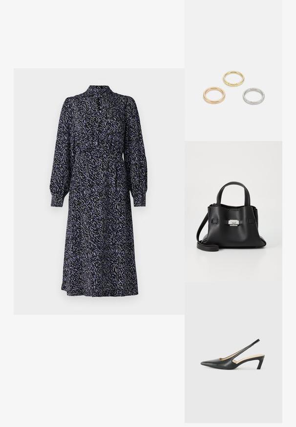 Čierne šaty s dlhým rukávom a kvetinovým vzorom v modrej a bielej farbe. Majú golier a zberaný pás pre uvoľnený strih. Stredná dĺžka.; Čierne slingback topánky s ostrou špičkou a nízkym opätkom, vyrobené z hladkej kože a s výrezmi na boku pre lepšiu priedušnosť.; Čierna kožená kabelka s textúrovaným povrchom, ktorá má dve vrchné rukoväte, odnímateľný popruh cez rameno a strieborný uzáver.; Triumf kovových prsteňov: jeden v ružovom zlate, jeden zlatý s textúrovanými akcentmi a jeden strieborný, všetky s gravírovaným logom na vnútornej strane.