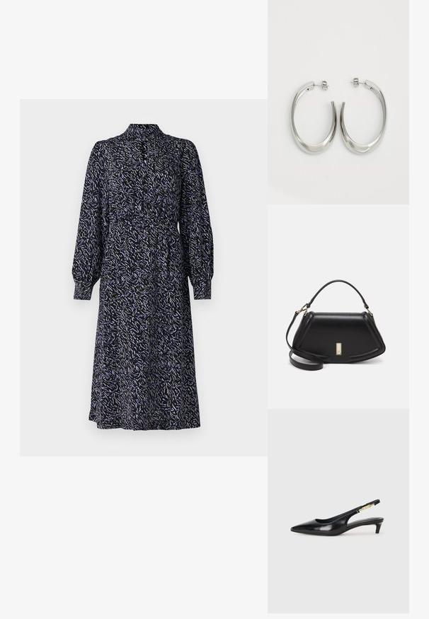 Musta pitkähihaisen mekko, jossa on sinivalkoinen kukkakuosi. Varaaminen kaulus ja kootut vyötärö antavat rentoa istuvuutta. Keskipituinen muotoilu.; Mustat nahkaiset slingback-korkokengät, joissa on terävä kärki, ohuet korot ja kultasävytteinen yksityiskohta säädettävässä hihnassa. Silkkinen pinta.; Mustalla nahkalaukulla, jossa on jämäkkä muotoilu, lyhyt malli, yläkahva ja kultaiset yksityiskohdat. Säädettävä olkahihna sisältyy.; Hope hopeista, joissa on sileä, kaareva muotoilu. Varustettu kiiltävällä metallipinnoitteella ja nappikiinnityksellä. Ei näkyviä kuvioita tai koristeluja.