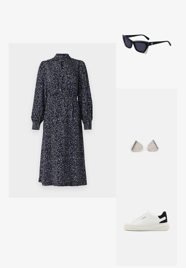 Čierne šaty s dlhým rukávom a kvetinovým vzorom v modrej a bielej farbe. Majú golier a zberaný pás pre uvoľnený strih. Stredná dĺžka.; Biele kožené tenisky s hrubou bielou podrážkou, čiernym zamekom na päte a vyrazeným logom na boku. Šnurovací dizajn so šiestimi očkami.; Čierne oversized slnečné okuliare s geometrickým tvarom, s tmavými šošovkami a kontrastným šedým detailom na ráme. Logo na mostíku.; Strieborné kovové náušnice s hladkým tvarom kvapky a lesklým povrchom. Jemné rytiny pridávajú detail. Minimalistický dizajn.