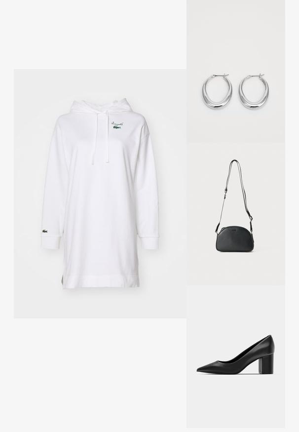 Hvit hettekjole laget av mykt materiale, med kengurulomme, snor i hetta og grønt brodert logo på brystet og ermet.; Sorte lærpumper med spiss tå og kraftig kvadratisk hæl. Glatt tekstur, enkelt design, passende for formelle anledninger.; Svart lær crossover-veske med avrundet form, to justerbare stropper og en subtil logo på forsiden. Teksturert overflate, minimalistisk design.; Et par polerte sølv halvmåne hoop øredobber med hengselspenner på hvit bakgrunn.