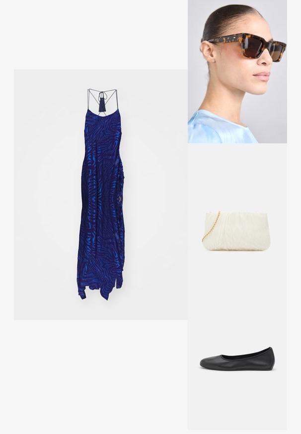 Langes, dunkelblaues Kleid mit einem strukturierten Zebra-Streifenmuster, das dünne Spaghetti-Träger und eine dekorativeQuaste am Ausschnitt hat.; Schwarze Leder-Ballettschuhe mit abgerundeter Spitze, glatter Textur, minimalen Nähdetails und einem flexiblen Sohlen-Design.; Schildpatt-Sonnenbrille mit einem massiven, rechteckigen Rahmen. Dunkle Gläser und goldfarbene Akzente an den Bügeln. Glatte, glänzende Oberfläche.; Weiße, strukturierte Clutch mit einem gerafften Design, ausgestattet mit einem goldenen Kettenriemen. Glatte Oberfläche mit subtilen Wellen und abgerundeten Kanten.
