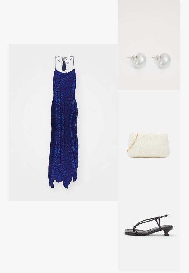 Garā, tumši zila kleita ar teksturētu zebru strīpu rakstu, kas aprīkota ar plānām spageti siksnām un dekoratīvu pušķi pie kakla izgriezuma.; Melnas ādas sandales ar plānām siksniņām, zemu blokveida papēdi un kvadrātveida deguniem. Ar sprādzi un gludu tekstūru.; Balta teksturēta pleca soma ar salocītu dizainu, kas aprīkota ar zelta ķēdes siksnu. Gluda virsma ar smalkām viļņveida formām un noapaļotām malām.; Sudraba pērļu auskari ar izliekta, pupiņas formas dizainu. Gluda, spīdīga virsma un nostiprināti ar tapu un aizmugures aizdari.