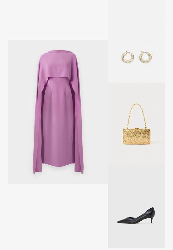 Šaty s dlouhým rukávem z jednolité lilákové látky, s volným pláštěm jako překrytím, kulatým výstřihem a přiléhavým střihem.; Černá kožená lodička s špičatou špičkou a nízkým podpatkem. Má hladkou texturu a jemný lesk. Přední část je otevřená pro zvýraznění detailu.; Zlatá flitrová kabelka ve tvaru obdélníku, s propleteným řetízkovým uchem a kovovým zapínáním, odrážející světlo s texturovaným povrchem.; Lauren Ralph Lauren BASIC SMALL HOOP - Náušnice - gold-coloured