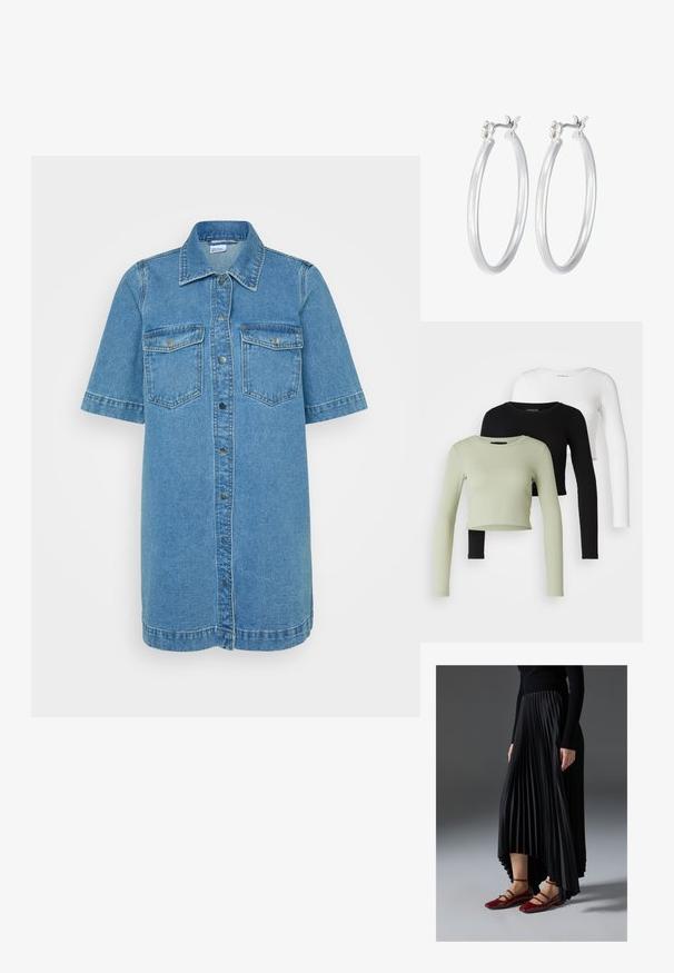 Světlemodrá džínová košilová šaty s krátkými rukávy, dvěma náprsními kapsami, zapínáním na knoflíky a rovním lemem. Obsahuje kontrastní stehy.; Even&Odd Petite 3 PACK - Top s dlouhým rukávem - black/white/light green; Černá plisovaná sukně s vysokým předním a nízkým zadním lemem, kombinovaná s lesklými červenými balerínami se strapkovým designem. Tkanina má hladký povrch.; Stříbrné kruhové náušnice s hladkým, lesklým povrchem. Kulatý tvar a bezpečné zapínání na klip. Lehký design vhodný pro každodenní nošení.