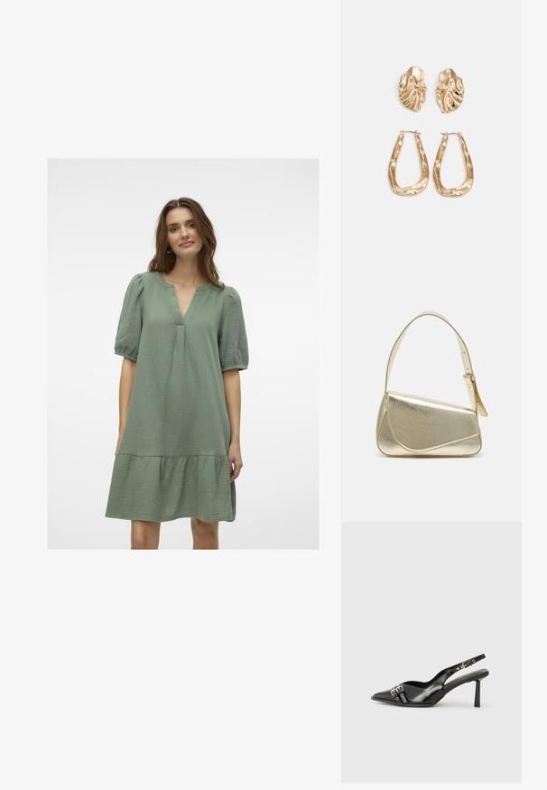 Žalia, laisvai krentanti suknelė su V formos iškirpte ir trumpomis pūstomis rankovėmis. Su perforuotu žemyn kraštu ir tekstūruotu audiniu.; Juodas lakuotas odinis batelis su smailiu pirštu, kulkšnies dirželiais su sidabrinėmis sagtimis ir detalėmis, bei plonu kulnu.; Aukso metalinės rankinės su struktūrizuotu dizainu, lygaus paviršiaus ir reguliuojama dirželiu. Pasižymi unikaliu trikampiu pavidalu ir minimalizmu siuvinėjime.; Auksinės auskarai, turintys tekstūruotus, bangų formos elementus. Įeina skulptūriniai segami auskarai ir atviri lankai su išmuštu paviršiumi.