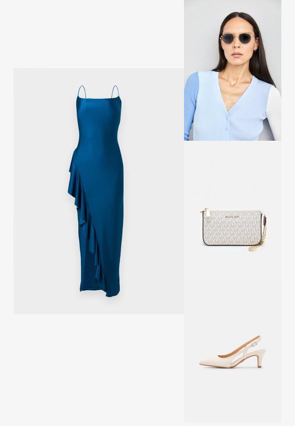 Türkiz selyemruha spaghetti pántokkal, testhez simuló fazonnal és aszimmetrikus fodrokkal a bal oldalon. Teljes hosszúságú kialakítás.; Fehér slingback sarok, hegyes orral, sima felső anyaggal, alacsony blokk sarkával és oldalsó kivágott dizájnnal, állítható csatpánttal.; Kerek napszemüveg sötét lencsékkel és arany kerettel. A modellen világoskék, bordázott kardigán van gombokkal és kontrasztos fehér ujjaival.; Michael Kors bézs bevonatos vászon karkötő, amely ismétlődő MK logó mintával, aranyszínű fémrészletekkel és levehető lánchordóval rendelkezik.
