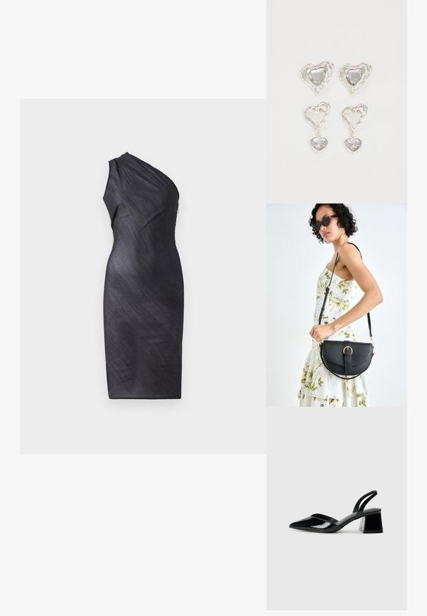 Asimetriška juoda suknelė su vienu petimi, suplokštinta tekstūra, iki kelių ilgio, prigludusi silueto forma ir užtrauktuku nugarinėje pusėje.; Juodos lakuotos odinės šlepetės su smailiu pirštu ir geometriniu bloko kulnu. Turi elegantišką, minimalistinį dizainą ir lygų paviršių.; Juodas odinis krepšys su išlenkta forma, nuimamu dirželiu ir auksiniais detalėmis. Krepšys turi kilpą su sagtimi.; Sidabrinės širdelės formos auskarai puošti facetuotais skaidriais akmenimis, su tekstūruotu rėmu. Rinkinį sudaro tiek auskarai-stud, tiek kabančios formos.