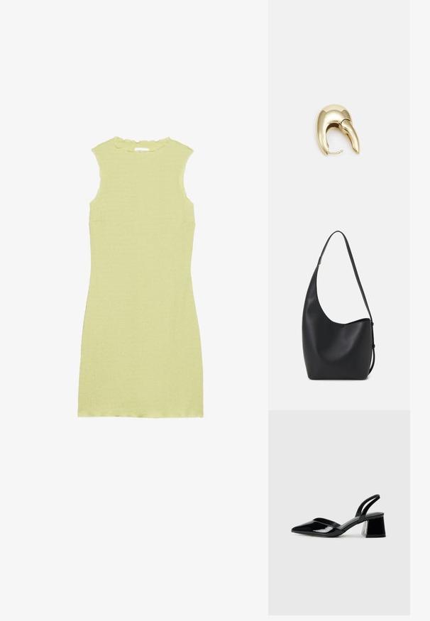 Šviesiai žalia be rankovių suknelė su tekstūruotu audiniu, banguotu iškirpimu ir prigludusia forma. Be rankovių ar papildomų puošmenų.; Juodos lakuotos odinės šlepetės su smailiu pirštu ir geometriniu bloko kulnu. Turi elegantišką, minimalistinį dizainą ir lygų paviršių.; Juodas odinis hobo maišas su lygiu paviršiumi, kreipta forma ir viena reguliuojama rankena; turi platų atidarymą viršuje.; Aukso tono metalinės auskarai su stilingu, kreiviu dizainu. Išsiskiria ryškiu smailiu pavidalu, poliruota paviršiumi ir užsegimu su vyriu.