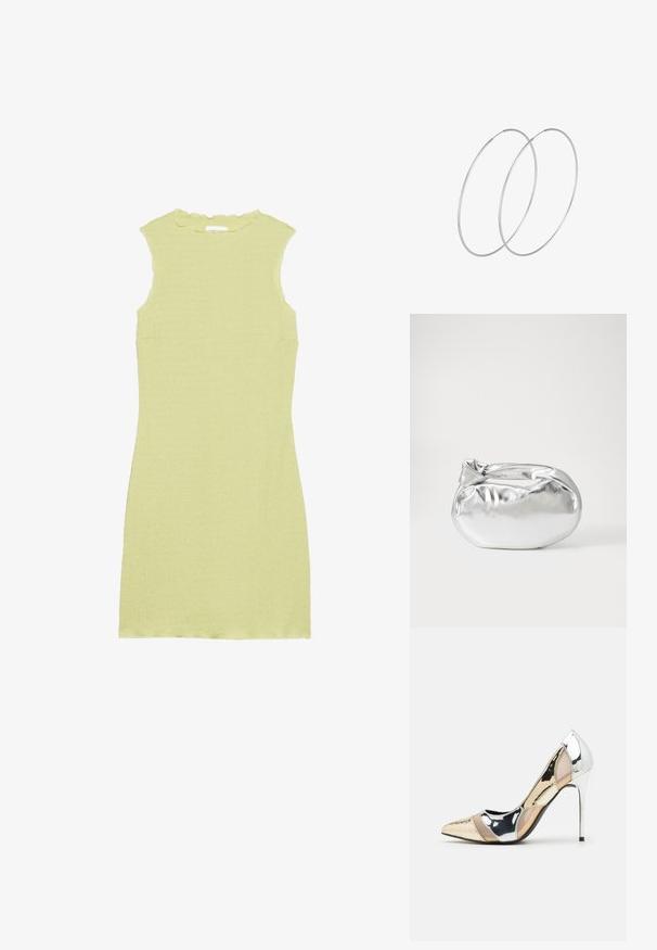 Svijetlozelena haljina bez rukava s teksturiranim materijalom, oblikom s oštrim izrezom i prilagođenim krojem. Bez rukava ili dodatnih ukrasa.; Cipele s visokom potpeticom i špicastim vrhom u srebrnoj, zlatnoj i nude boji. Sjajan finiš s izrezbarenim dizajnom, s potpeticom u obliku stiletto.; Srebrna metalik torbica s mekim, zaobljenim oblikom i čvorastim zatvaranjem na vrhu. Izrađena od glatke sintetičke kože.; Srebrne okrugle naušnice s minimalističkim dizajnom. Kružni oblik, glatka tekstura i tanak profil. Lagane s poliranim završetkom.