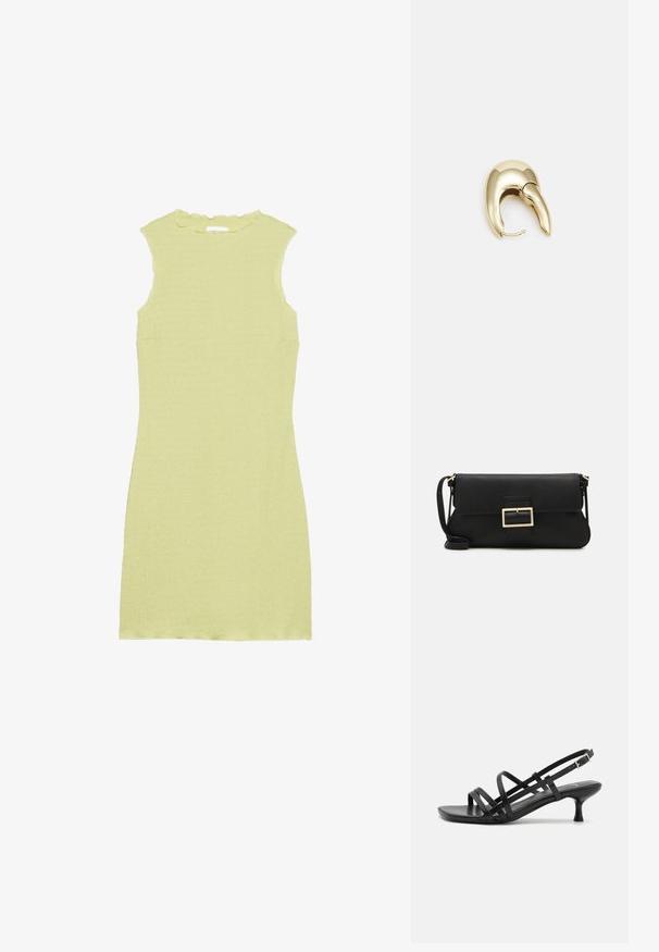 Šviesiai žalia be rankovių suknelė su tekstūruotu audiniu, banguotu iškirpimu ir prigludusia forma. Be rankovių ar papildomų puošmenų.; Juodos aukštakulnės šlepetės su keliais perrištomis juostelėmis. Lygi medžiaga, smailas nosis ir siauras kulnas. Reguliuojama kulkšnies juostelė su sagtimi.; Juodas odinis dėkliukas su atvarteliu ir auksinės metalinės sagties detalėmis. Įeina juodas diržas ir elegantiškas, minimalistinis dizainas.; Aukso tono metalinės auskarai su stilingu, kreiviu dizainu. Išsiskiria ryškiu smailiu pavidalu, poliruota paviršiumi ir užsegimu su vyriu.