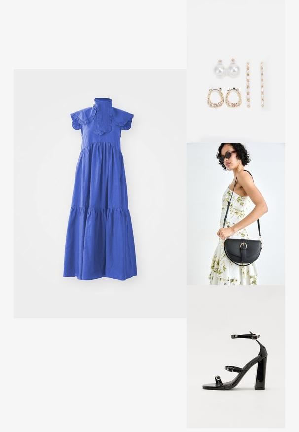 Niebieska bawełniana sukienka maxi z falbaniastymi rękawami, wysokim kołnierzem i wielowarstwowym dołem. Charakteryzuje się gładką teksturą i przewiewnym fasonem.; Czarne lakierowane sandały na wysokim obcasie, z dwoma paskami zapinanymi na klamry, kwadratowy nosek i masywny obcas typu słupek, o gładkiej, błyszczącej fakturze.; Czarna skórzana torebka o zakrzywionym kształcie, z odpinanym paskiem i złotymi akcentami. Torebka posiada klapę z zapięciem w kształcie klamry.; Trzy pary kolczyków: duże białe perły wkrętki, złote kolczyki w kształcie kół z przezroczystymi kamieniami, oraz dwa długie, proste złote kolczyki akcentujące z błyszczącymi detalami.