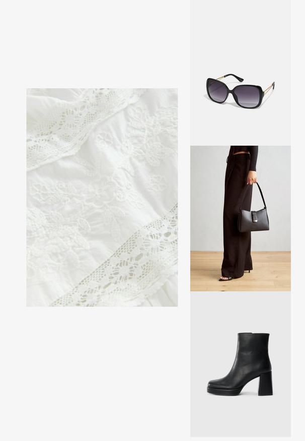 Weißer Stoff mit aufwendiger floraler Stickerei und zarter Spitzenverzierung. Weiche Textur mit geschichteten Designelementen im gesamten Material.; Schwarze Leder-Stiefelette mit Blockabsatz und Plattformsohle, seitlich auf einem schlichten weißen Hintergrund betrachtet.; Schwarze übergroße Sonnenbrille mit getönten Gläsern, dicken Rahmen und goldfarbener Kettendetaillierung an den Bügeln.; Schwarze Handtasche mit strukturierter Form, glatter Textur und einem metallischen Verschluss. Kombiniert mit weiten schwarzen Hosen und offenen Sandalen auf einem Holzboden.