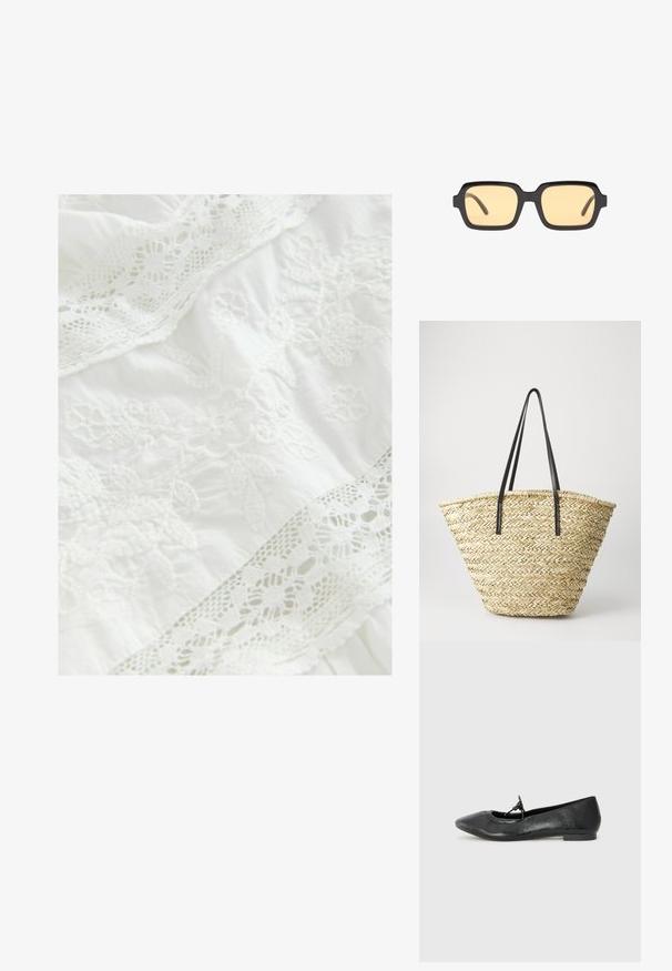 Tessuto bianco con ricami floreali complessi e delicati bordi in pizzo. Tessitura morbida con elementi di design a strati in tutto il tessuto.; Ballerine in pelle nera con punta affusolata, superficie testurizzata e un piccolo fiocco decorativo sul davanti. Tacco basso e piatto.; Occhiali da sole neri a forma rettangolare con lenti gialle, montatura leggera e angoli distintivi sui templi. Finitura liscia e lucida.; Borsa a tracolla in paglia intrecciata con una forma ampia e affusolata, dotata di due manici in pelle nera. Colore beige naturale con una superficie texture.