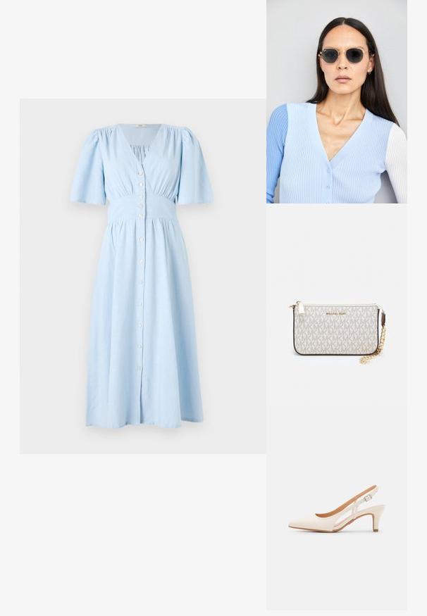 Abito azzurro chiaro in cotone, con scollo a V, maniche a palloncino corte e apertura con bottoni sul davanti, una vita arricciata e una gonna svasata.; Slingback bianco con punta affusolata, materiale superiore liscio, tacco basso a blocco e design con ritagli laterali, dotato di cinturino regolabile con fibbia.; Occhiali da sole rotondi con lenti scure e montatura dorata. Il modello indossa un cardigan leggero azzurro a costine con bottoni e maniche bianche a contrasto.; Wristlet Michael Kors in tela rivestita beige con motivo a logo MK ripetuto, hardware dorato e tracolla a catena staccabile.