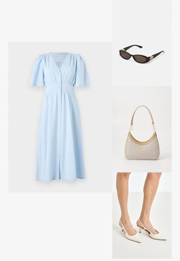 Jasnoniebieska sukienka z bawełny, z dekoltem w kształcie litery V, krótkimi bufkami, zapinana na guziki z marszczonym pasem i rozkloszowaną spódnicą.; Beżowe lakierowane szpilki z odkrytą piętą, zakończone spiczastym noskiem i 5 cm obcasem, z wyciętymi bokami oraz cienkim paskiem na kostce.; Słoneczne okulary w kolorze żółwi z wydłużonymi owalnymi soczewkami, brązowym odcieniem, złotymi akcentami logo na zausznikach oraz smukłymi czarnymi ramionami.; Beżowa torebka w wzory o zakrzywionym kształcie, z skórzanymi akcentami i złotym logo z przodu. Posiada krótki uchwyt, co ułatwia noszenie.