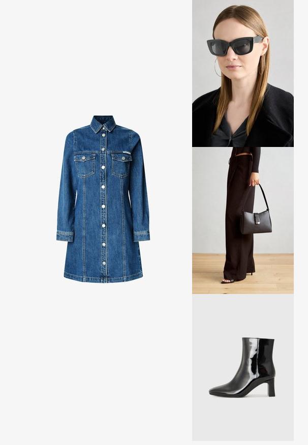 Farmering ingruha, hosszú ujjak, gombos elülső rész, két mellzseb, klasszikus gallér, középkék szín és világos varrási részletek.; Fekete lakk bőrcipő bokáig érő, hegyes orral és közepes magasságú tömbsarokkal. Simább textúrával és minimalista dizájnnal rendelkezik.; Fekete macskaszem napszemüveg sötét lencsékkel, vastag kerettel és diszkrét díszítésekkel. Fekete kabátot és szürke felsőt visel, hosszú egyenes hajjal.; Fekete kézi táska strukturált formával, sima textúrával és fémből készült záródással. Széles fekete nadrággal és nyitott orrú szandállal párosítva, fából készült padlón.