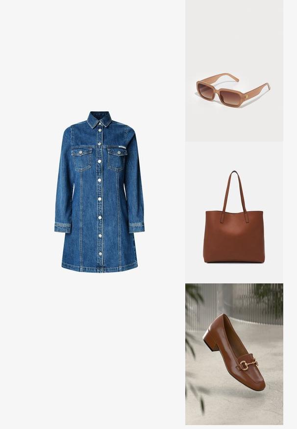 Denim skjortekjole, lange ermer, knappestolpe foran, to brystlommer, klassisk krage, mellomblå farge, og lyse sømdetaljer.; Brun lakkert skinn loafer med firkantet tå, metallkjedeakkent, og lav blokkheel; glatt tekstur, minimalistisk design.; Brune rektangulære solbriller med gradientlinser, tykke rammer og en logo detalj på siden. Glatt plastmateriale, minimalistisk design.; Brun lær tote veske med en jevn tekstur, åpen toppdesign og to skulderstropper. Har minimal søm og ingen synlige spiker.