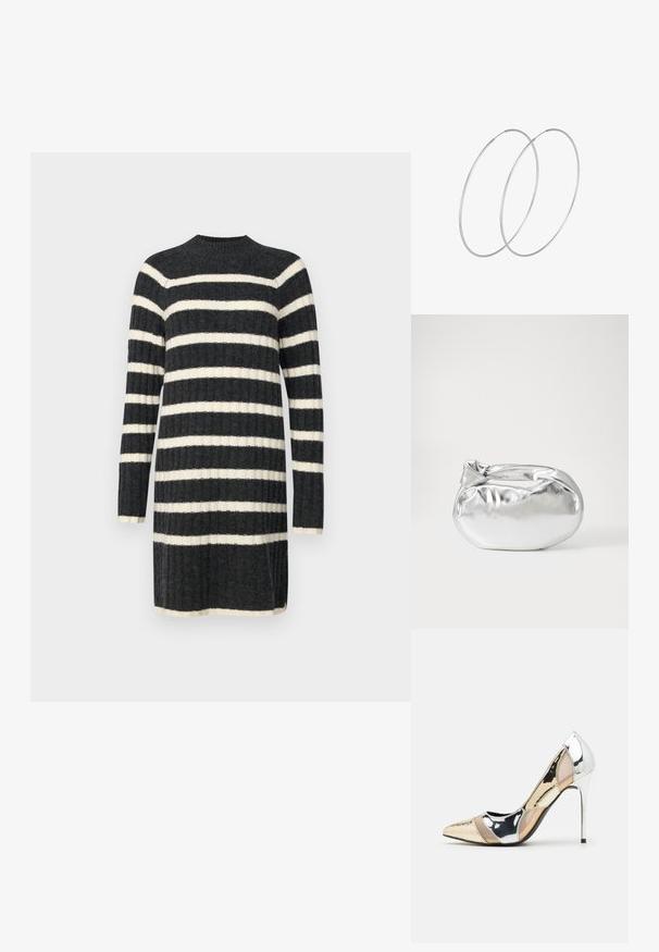 Sukienka dzianinowa w poziome czarno-białe paski, z rydwaną fakturą, długimi rękawami i wysokim dekoltem. Miękka tkanina i długość do połowy uda.; Czółenka na wysokim obcasie z wąskim noskiem w kolorze srebrnym, złotym i nude. Lśniące wykończenie z wycięciami, z obcasem w stylu stiletto.; Srebrna metaliczna torba worek o miękkim, zaokrąglonym kształcie i zawiązywanym z góry zapięciem. Wykonana z gładkiego materiału imitującego skórę.; Srebrne kolczyki w formie obręczy o minimalistycznym designie. Okrągły kształt, gładka faktura i cienki profil. Lekkie, z polerowanym wykończeniem.