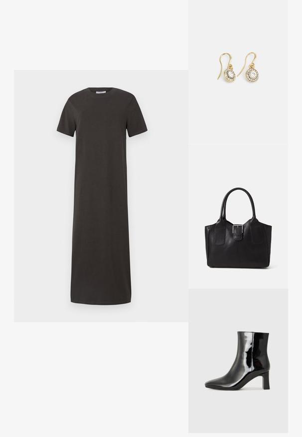 Tamno siva haljina do koljena od mekane pamuka, s kratkim rukavima, okruglim izrezom i ravnim siluetom.; Crne lakirane kožne gležnjače s šiljastim prstom i srednje visokom blok petom. Glatka tekstura i minimalistički dizajn.; Crna kožna torba za nošenje s glatkom teksturom, strukturiranim oblikom, dvije ručke i istaknutim srebrnim kopčanjem na prednjoj strani.; Zlatne naušnice s ovalnim prozirnim kristalima okruženim manjim prozirnim kamenčićima, s dizajnom na kuku za sigurno nošenje.
