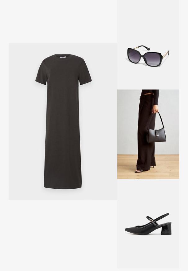 Dunkelgraues, knielanges T-Shirt-Kleid aus weicher Baumwolle, mit kurzen Ärmeln, rundem Ausschnitt und geradem Schnitt.; Schwarze Lackleder-Slingback-Absätze mit spitzer Zehenform, einem runden Ausschnitt-Design und einem Blockabsatz. Mit einem goldfarbenen Schnallenakzent.; Schwarze übergroße Sonnenbrille mit getönten Gläsern, dicken Rahmen und goldfarbener Kettendetaillierung an den Bügeln.; Schwarze Handtasche mit strukturierter Form, glatter Textur und einem metallischen Verschluss. Kombiniert mit weiten schwarzen Hosen und offenen Sandalen auf einem Holzboden.