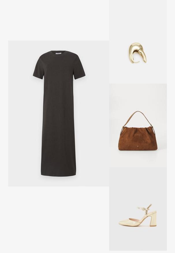 Sötét szürke, térd hosszúságú, puha pamutból készült pólóruha, rövid ujjakkal, kerek nyakkal és egyenes szabással.; Arany fémes magas sarkú cipő hegyes orral, bokapánttal, amelyen köralakú csat található, és tömzsi sarokkal rendelkezik. Simás textúra.; Barna velúr kézitáska, gyűjtött kialakítással, egyetlen világosbarna bőrszíjjal és egy diszkrét arany logós részlettel az elején.; Aranyszínű fém fülbevaló, elegáns, ívelt formával. Különleges hegyes alak, fényes felszín és zsanéros záródás jellemzi.