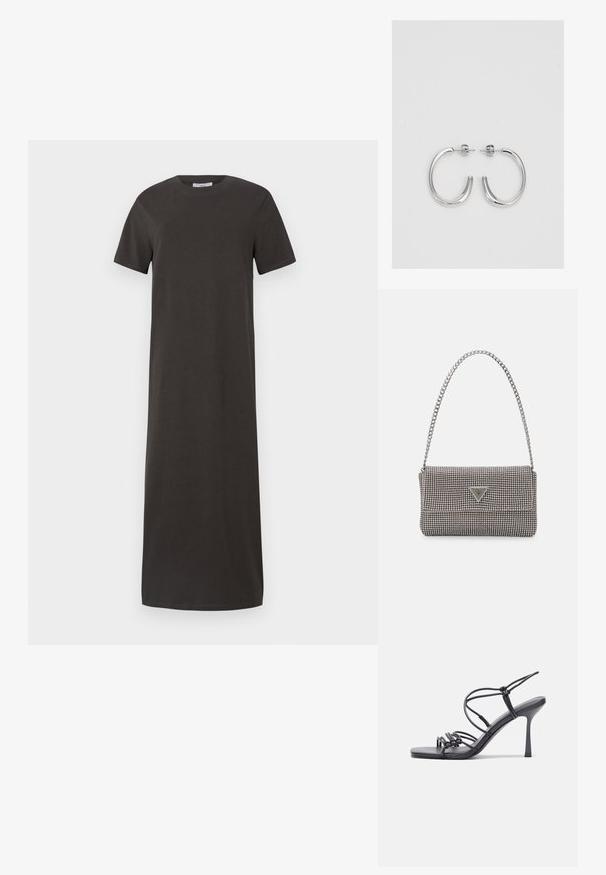 Tamno siva haljina do koljena od mekane pamuka, s kratkim rukavima, okruglim izrezom i ravnim siluetom.; Crne sandale na visokoj potpetici imaju tanke trake s čvorastim dizajnom, glatki kvadratni vrh i elegantnu stiletto petu.; Svijetlosivi metalik ruksač s lancem, ukrašen malim okruglim metalnim zakovicama i trokutastim logotipom marke.; Srebro naušnice u obliku prstena s glatkom, sjajnom završnom obradom. Zaobljenog oblika, laganog dizajna, s kopčom na poleđini.